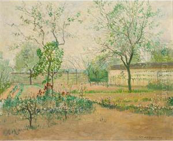 Blossoming Trees, Possibly Samois-sur-seine Oil Painting by Gerrit W. Van Blaaderen