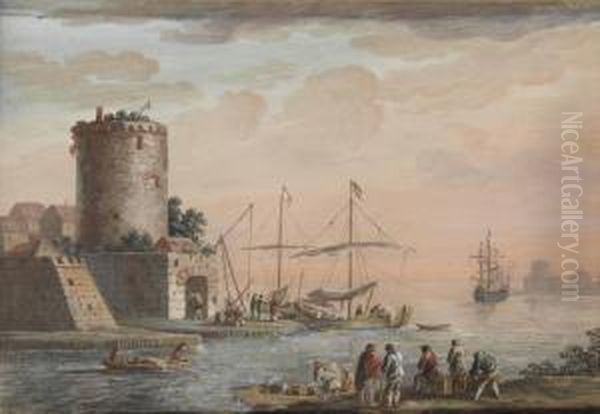 Pecheurs A L'entree D'un Port Fortifie Oil Painting by Henri-Desire Van Blarenberghe