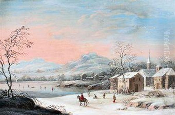 A Frozen Winter Landscape With Skaters Oil Painting by Henri-Desire Van Blarenberghe