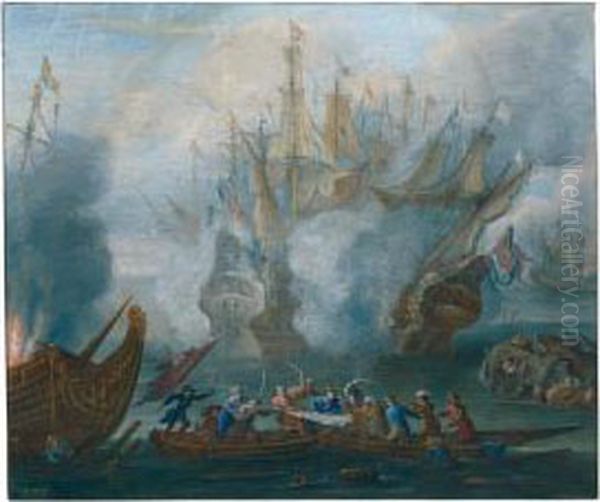 A Sea Battle, With Sailors Sword-fighting Oil Painting by Henri-Desire Van Blarenberghe