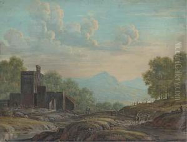 Travellers In An Open Landscape Before Sun-drenched Hills(illustrated); And Travellers Resting By A Stream With A Hamletbeyond Oil Painting by Henri-Desire Van Blarenberghe