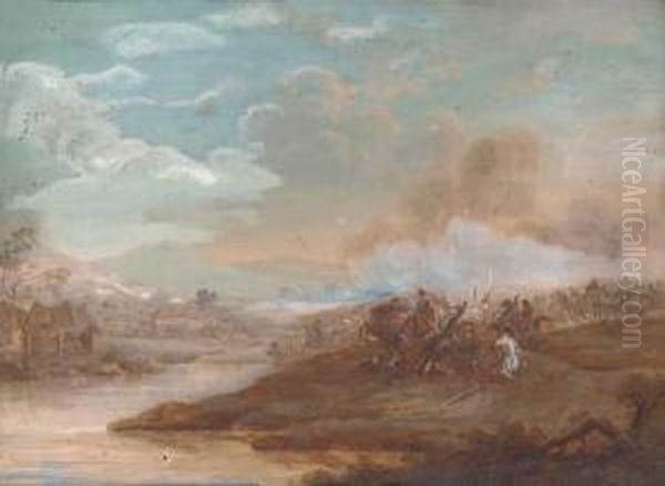 A Military Skirmish (illustrated); And In The Melee Of Battle Oil Painting by Henri-Desire Van Blarenberghe