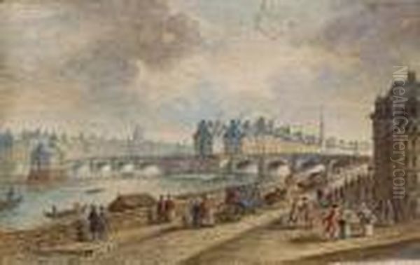 Personnagesdevant Les Quais De Seine Parisiens Oil Painting by Henri Joseph Van Blarenberghe