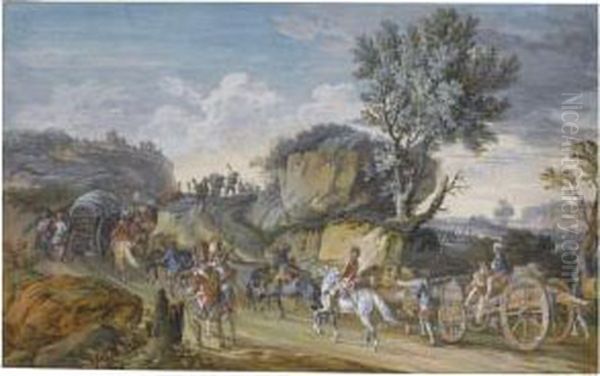 A Pair Of Military Scenes: An Encampment Outside A Village And Aconvoy Marching Through A Rocky Landscape Oil Painting by Henri Joseph Van Blarenberghe