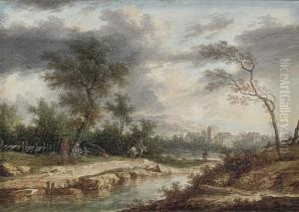 A River Landscape With Travellers By A Campfire, A Village Beyond Oil Painting by Henri Joseph Van Blarenberghe