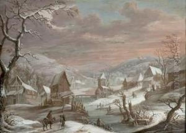 Un Cavalier Et Un Colporteur Pres D'un Village Enneige Gouache. Oil Painting by Henri Joseph Van Blarenberghe