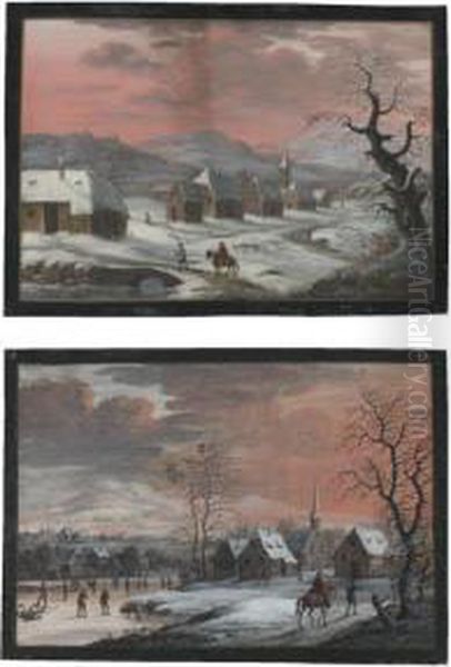 A Pair Of Winter Landscapes With Travellers Near Villages Oil Painting by Jacques Willem Van Blarenberghe