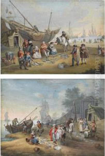 A Pair Of Shore Scenes With Fisherfolk Selling Their Wares Oil Painting by Jacques Willem Van Blarenberghe