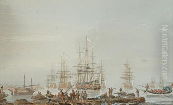 Batiment De Commandement Et Sept Vaisseaux Au Mouillage Dans Le Port De Genes Oil Painting by Louis Nicolael van Blarenberghe