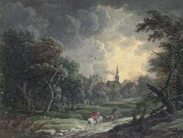 Two Riders Weathering A Storm Oil Painting by Louis Nicolael van Blarenberghe