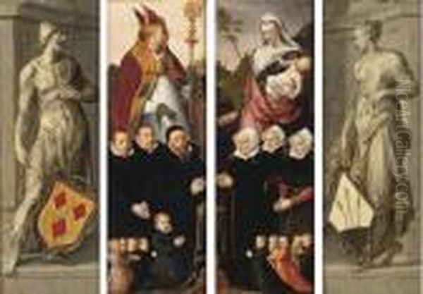 Two Altarwings: Portraits Of Male Donors With Their Patron Saint, With On Reverse A Male Figure Holding A Coat-of-arms, 'en Grisaille'; And Portraits Of Female Donors With The Virgin And Child, With On Reverse A Female Figure Holding A Coat-of-arms Oil Painting by Anthonis Van Blocklandt