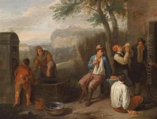 A Southern Landscape With Peasants Drinking By A Well Oil Painting by Norbert van Bloemen