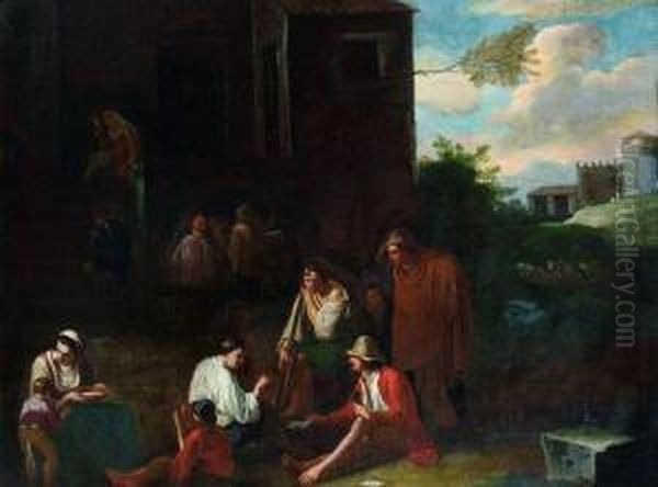 Les Joueurs De Cartes Devant Une Ferme Oil Painting by Norbert van Bloemen