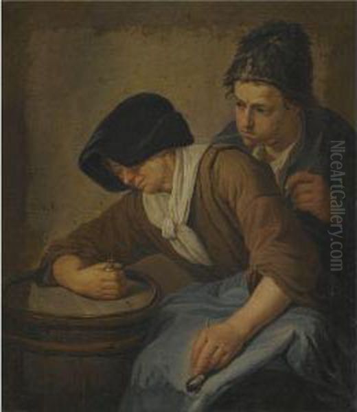 Interior With A Man And A Woman Smoking Oil Painting by Norbert van Bloemen