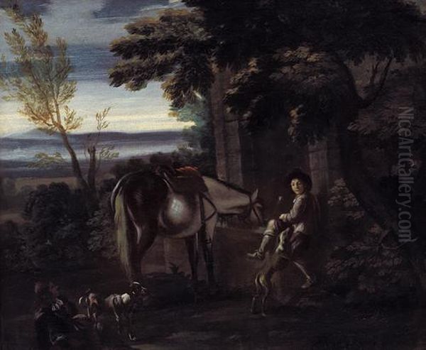 Sosta Di Cacciatori Con Cani E Cavallo Oil Painting by Pieter van Bloemen