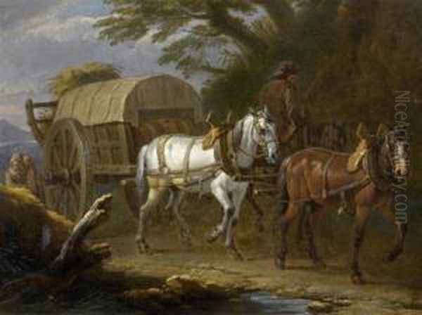 Horse And Cart With Peasant Folk On A Forest Road Oil Painting by Pieter van Bloemen