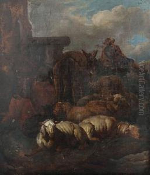 Shepherd With Sheep, Cow And Donkey Resting By A Ruin Oil Painting by Pieter van Bloemen