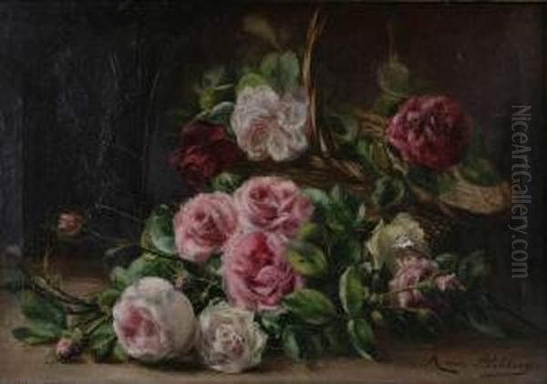 Stilleven Met Rozen En Mand Oil Painting by Matilda Van Blokland