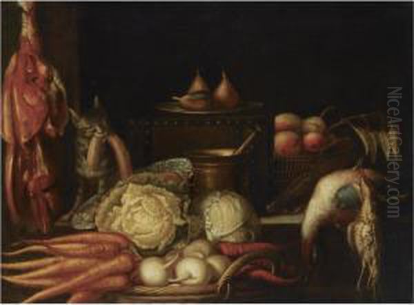 A Kitchen Still Life With Carrots, A Cabbage And Turnip Radishes, With A Copper Pot, Dead Poultry And A Leg Of Ham Suspended From A Hook, Together With A Cat Stealing A String Of Sausages Oil Painting by Abraham Van Blyenberch