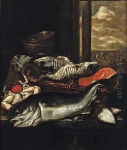 Fish, A Crab, A Basket And Pots On A Table Before A Window, Figures On A Beach Beyond Oil Painting by Abraham Van Blyenberch