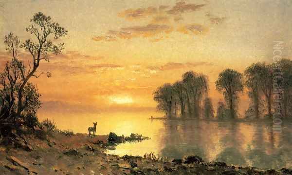 Sunset, Deer, and River Oil Painting by Albert Bierstadt