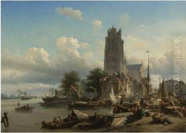 A Busy Harbour With Merchants Unloading Their Goods Oil Painting by Elias Pieter van Bommel