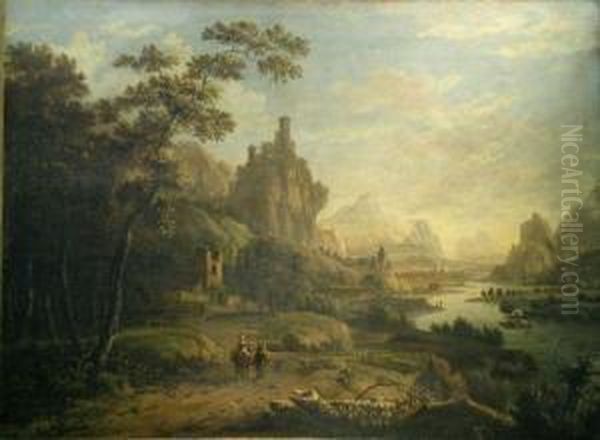 Travelers Overlooking A Fantastic Landscape Oil Painting by A.H. Van Boons