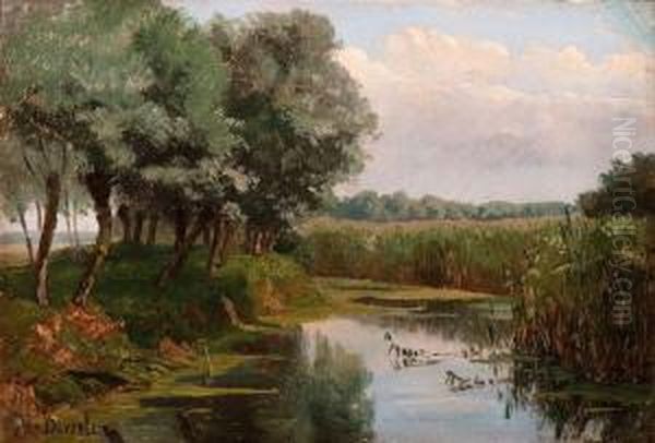 Row Of Trees Near The Water With A View Over The Fields Oil Painting by Jan Willem Van Borselen