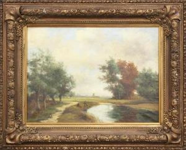 Figures In A Dutch Landscape Oil Painting by Jan Willem Van Borselen