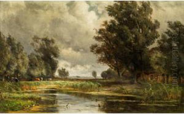 Hirte Mit Rindern Inbaumlandschaft Oil Painting by Jan Willem Van Borselen