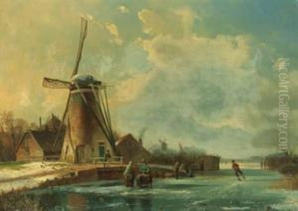 A Winter Landscape With Skaters Near A Koek-en-zopie Stand Oil Painting by Pieter Van Borselen