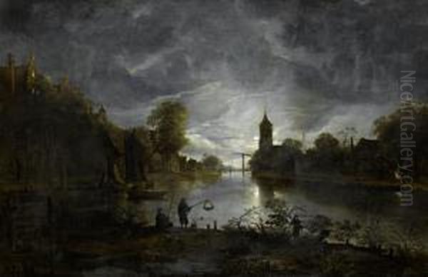 A Moonlit River Landscape With Fishermen On A Shore And A Village In The Distance Oil Painting by Anthonie Van Borssom