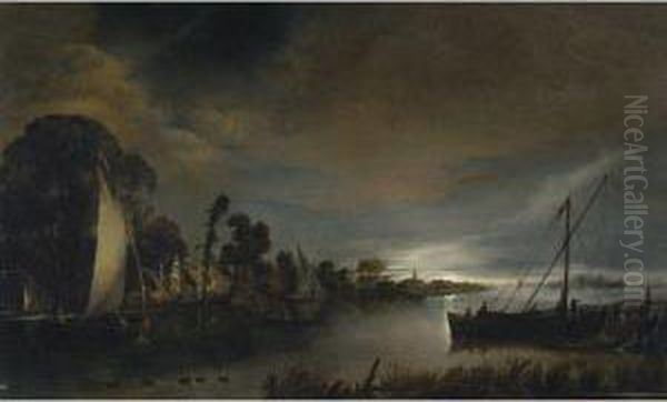 A Moonlit River Landscape Oil Painting by Anthonie Van Borssom