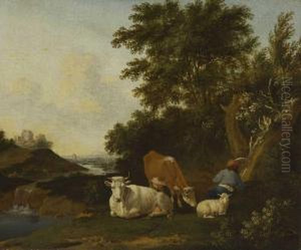 Ruhender Hirte Mit Kuhen Und Schaf In Flusslandschaft Oil Painting by Anthonie Van Borssom