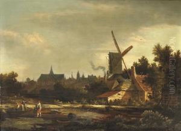 A Dutch Town With Figures At Work In Bleaching Fields Oil Painting by Anthonie Van Borssom