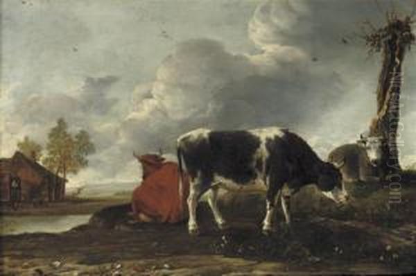 Cattle On A Riverbank With A Cottage Beyond Oil Painting by Anthonie Van Borssom