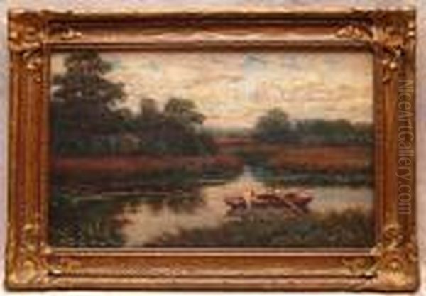 River Landscape W/ Row Boat Oil Painting by Robert Ward Van Boskerck