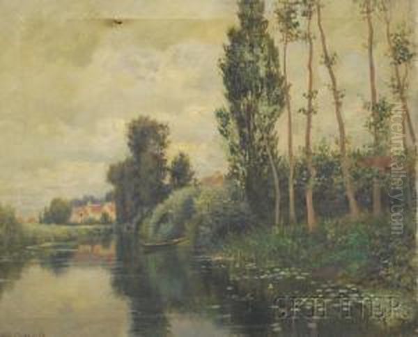 Pond View With Canoe And Lily Pads by Robert Ward Van Boskerck