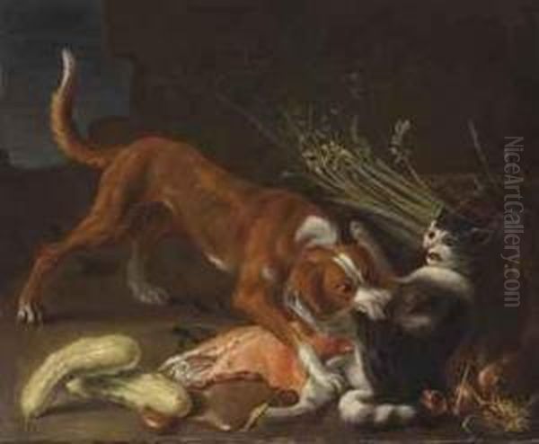 A Dog And A Cat Fighting Over A Basket Of Meat Oil Painting by Pieter Van Boucle