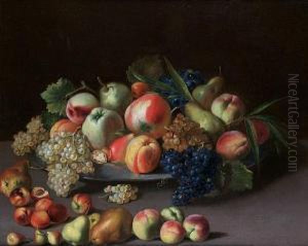 Apples, Pears, Grapes And Peaches On A Pewter Dish On A Table Top Oil Painting by Pieter Van Boucle