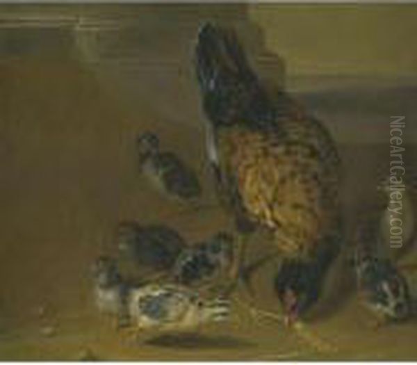 A Farmyard Scene With A Hen And Her Chicks, A Landscape Beyond Oil Painting by Pieter Van Boucle