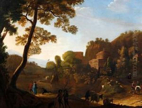 Travellers In A Classical Landscape Oil Painting by Peeter van Bredael