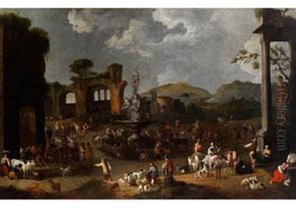 Grosses Hirtenfest In Antiker Ruinenlandschaft Oil Painting by Peeter van Bredael