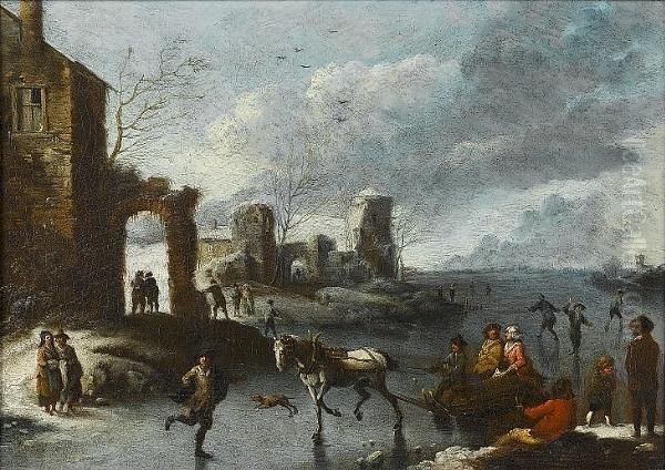 A Horse-drawn Sleigh And Skaters On A Frozen River Oil Painting by Peeter van Bredael