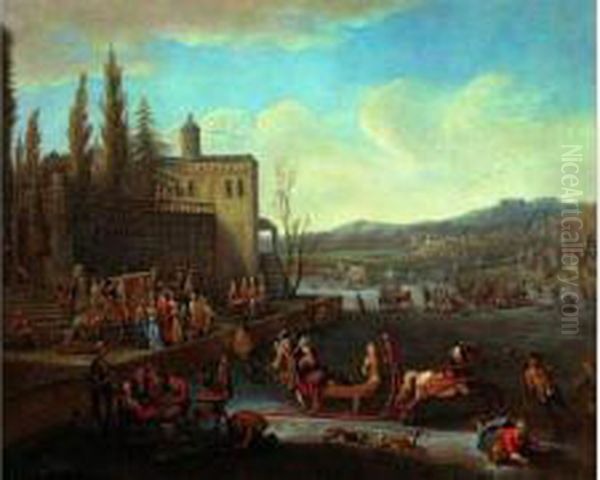 Promeneurs Et Traineaux Sur Une Riviere Gelee Sous La Terrasse D'un Palais Classique Oil Painting by Peeter van Bredael