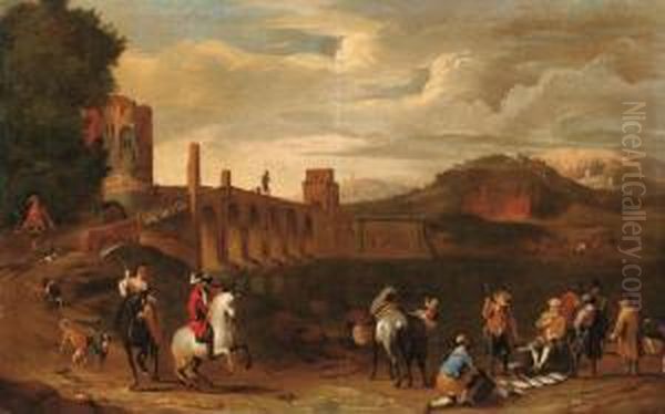 Veduta Ideata Di Ponte Milvio Con Cavalieri E Venditore Di Pesce Oil Painting by Peeter van Bredael