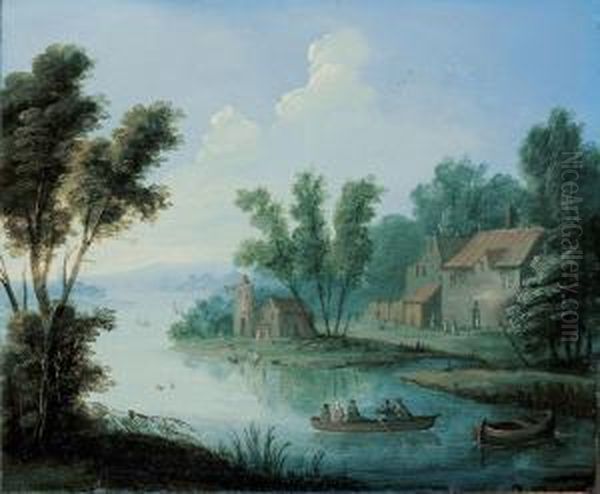 Flusslandschaft Mit Ruderboot Und Gehoft Oil Painting by Jan Peeter Van Bredael D. J.