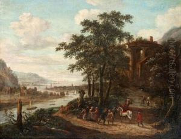 Landscape With River And Figures Oil Painting by Jan Frans I Van Bredael