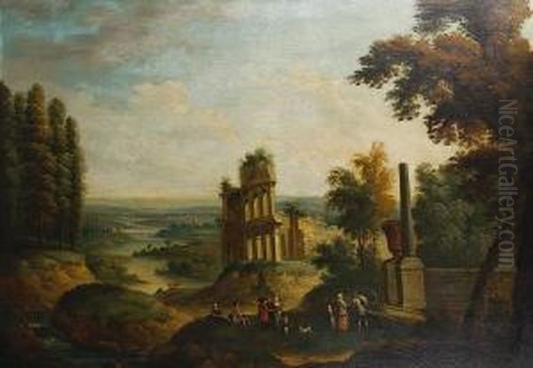 Figures Before An Obelisk In An Italianateriver Landscape, With Ruined Buildings In The Distance Oil Painting by Jan Frans I Van Bredael