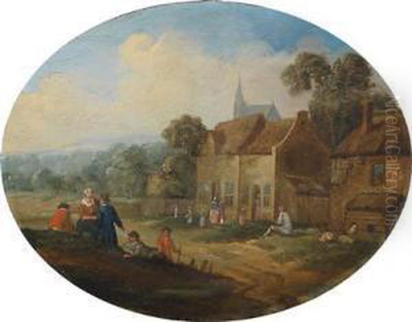 A Landscape With A Village Andpeasants Oil Painting by Jan Frans I Van Bredael